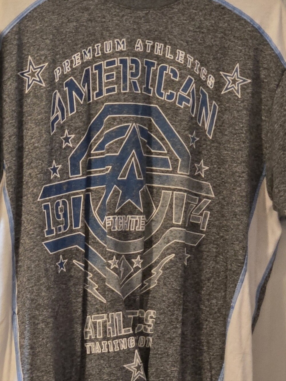 American Fighter Heather Gray Short Sleeve with Blue Graphic Accents